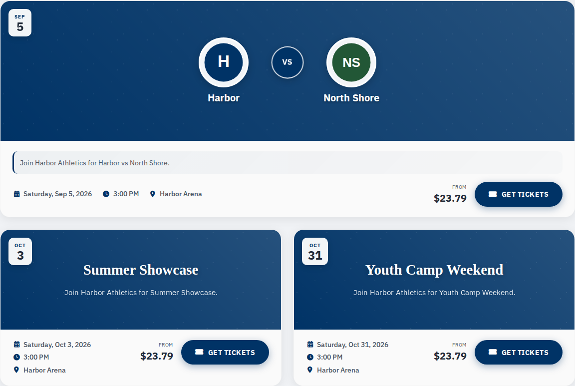 Ticket events list with Harbor Athletics branding