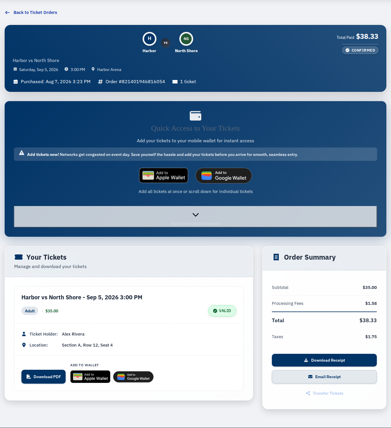 Order detail with wallet and receipt actions